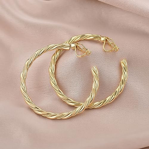 YOQUCOL 5CM(2.0IN) Golden Swingable Clip On Hoop Earrings for Women Non Pierced Ears Hoop Earrings - color: C