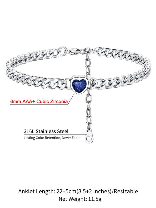 ChainsHouse Cuban Chain Anklets for Women with Heart Birthstone Jan - Dec | Stainless Steel Black Link Chain Ankle Bracelet with Birthstone, Beach Women Anklet 22cm-27cm Adjustable, with Gift Box - color: 09. Sep.-Sapphire-Steel