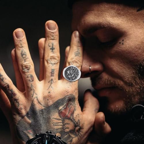 Mens Signet Ring Stainless Steel Lion Eagle Head Statement Rings Jewelry for Men Size 8/9/10/11/12/13 - style: Lion