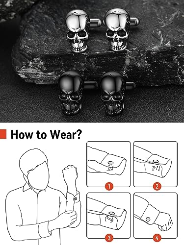 FaithHeart Mens Cufflinks, Norse Viking Tuxedo Shirt Cuff Links, Stainless Steel Cuff Links and Shirt Studs, Gift Box - style: 05. Skull Head-Black