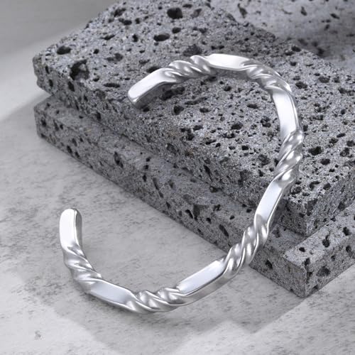 Hisatan Stainless Steel Mens Cuff Bracelet, Minimal Twist Cool Antique Retro/Silver/Black Open Metal Cuff Bangle Bracelets for Men, 65/70mm - color: Silver