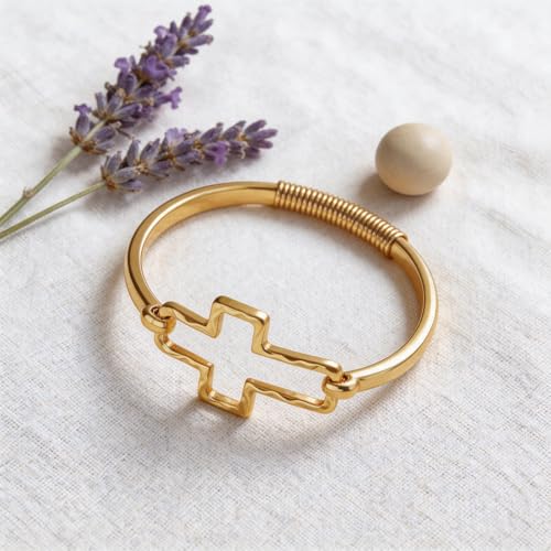 Gold Plated Textured Cross Cuff Bracelet for Women Open Hammered Cross Bangle Minimalist Statement Religious Jewelry Gift