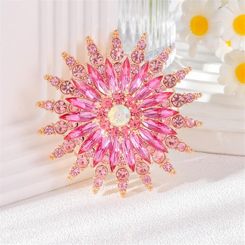 Rhinestone Sunflower Brooch Pin Red Pink Flower Brooch Stylish Crystal Brooch Elegant Clothing Hat Bag Accessories Jewerly for Women - color: Pink1