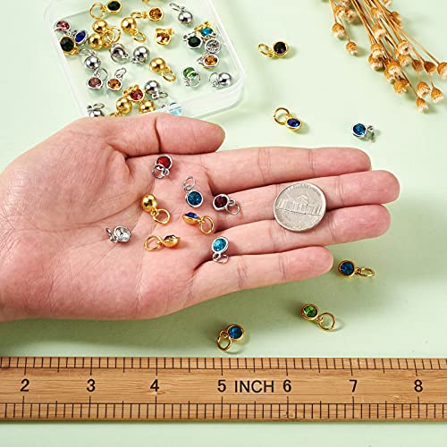 Cheriswelry 48Pcs 7.5mm Silver Gold Flat Round Alloy Glass Rhinestone Charms Birthstone Pendants Tiny Dangle Charms for DIY Necklace Earring Bracelet Jewelry Making Crafts - color: Mixed Color