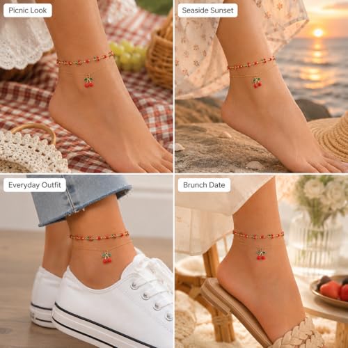 Ankle Bracelets for Women Gold Anklet Set Boho Vacation Gift | Gold anklet set for women 5 styles with matching gift pouch.Boho adjustable non-tarnish jewelry.Perfect present idea. - color: Cherry