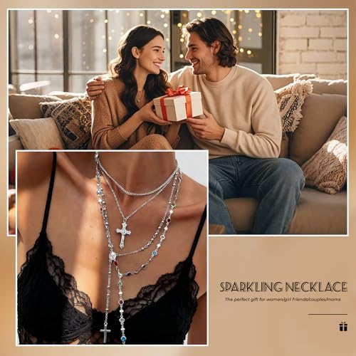 Layered Cross Necklace Set for Women, Layered Choker Necklaces Trendy Jewelry, Colorful Enamel Beaded Y-Shaped Lariat Necklace, Boho Multilayer Cross Necklace for Party and Daily Wear - color: Silver-02
