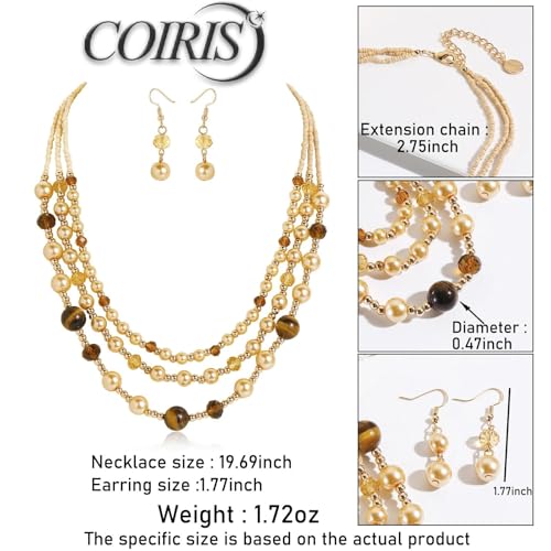 Coiris Layered Pearl Necklace and Earring Set for Women Boho Beaded Statement Choker with Faux Pearls Chunky Costume Jewelry for Wedding Party Beach Vacation Gift - color: Champagne