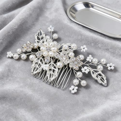 Flower Leaf Design Wedding Hair Comb, Metal Bridal Hair Accessory with Rhinestone, Wedding Prom Hair Clip Headpiece for Women (Silver Flower) - color: Silver Flower