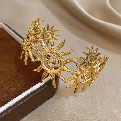 Chunky Gold Sun Cuff Bracelet for Women – Boho Spiral Sun Statement Jewelry, Stainless Steel Adjustable Wide Metal Bangle for Holiday Fashion - color: Gold