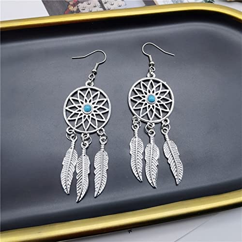 KaFu Woman Retro Silver BOHO Style Metal Dangle Drop Earrings Dream Catcher Statement Feather Dangle Tassels Turquoise Earrings for Women Girls - color: Silver-1
