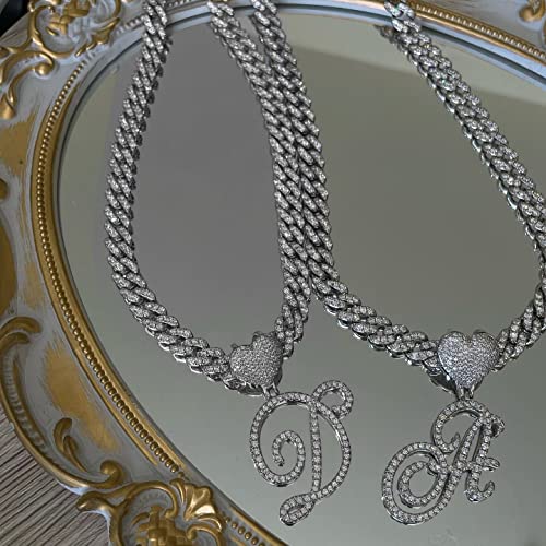 Initial Necklaces Silver Cuban Link Chain for Women Iced Out Chain with Heart Letter Pendants Custom Chain Name Necklace Hip Hop Jewelry Gift - color: A