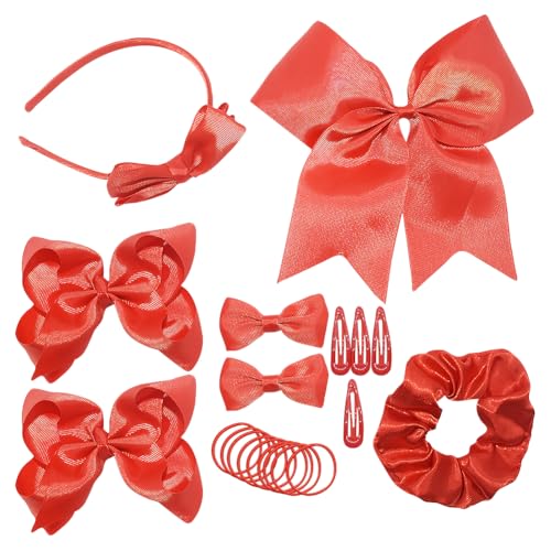21 Pcs Girls School Hair Accessories Set Cute Bow Headband Bowknot Hair Ties Elastic Bow Knot Hair Bands Simple Metal Hair Clips Ribbon Hair Barrettes for Birthday Wedding Red