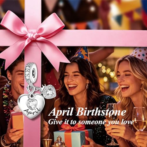 BLUELUNE Birthstone Charms, 925 Sterling Silver Dangle Charm with 5A Cubic Zirconia for Bracelets or Necklaces, Birthday, Mother's Day Present for Women - color: April