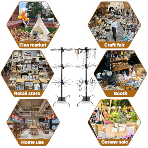 3 Tier 28.3 x 11.8 Inch Rotating Display Stand, Earring Display Rack, Black Metal Retail Display Stand with Hooks for Necklace, Bracelet, Earrings, and Keychains, Adjustable Height