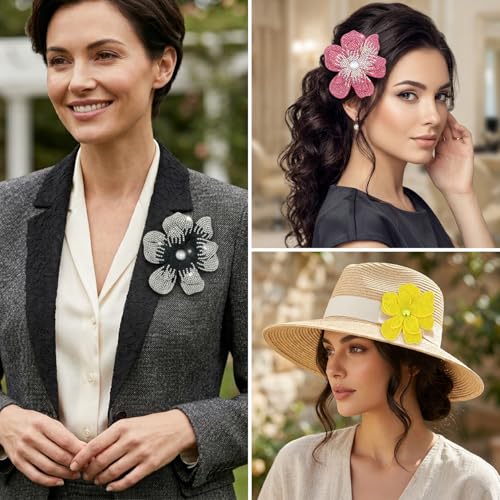 3.74 Inches Rhinestone Camellia Flower Brooch Pins & Hair Clips for Women Elegant Created Crystal Lapel Pin Brooches Wedding Party - color: Multicolor Pack