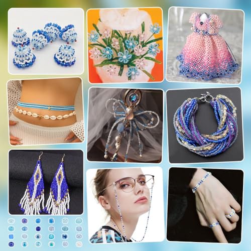 PH PandaHall 12000PCS 24 Styles Glass Seed Beads 3~4mm 8/0 Blue Friendship Waist Bead Round Tiny Loose Spacer Beads Small Craft Seed Mini Glass Bead for Summer Seaside Beading Weaving Bracelet