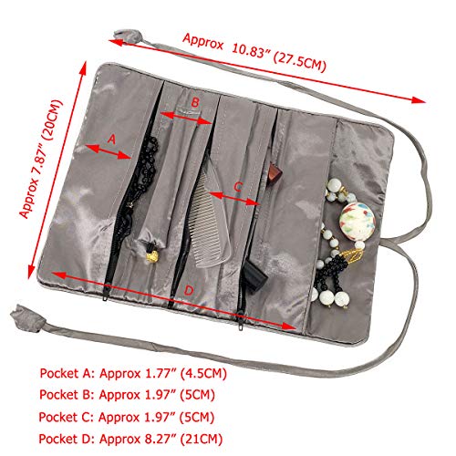 Travel Jewelry Roll Bag - Embroidered Brocade Pouch for Rings, Necklaces, Earrings, Bracelets | Lightweight & Tie Closure (Gray) - color: Gray