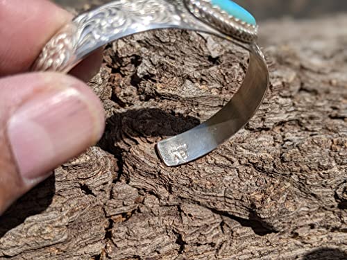 Native American Bracelet, Turquoise Cuff, Sterling Silver Engraved Accents Jewelry, SouthWest Artisans sz 6.75in