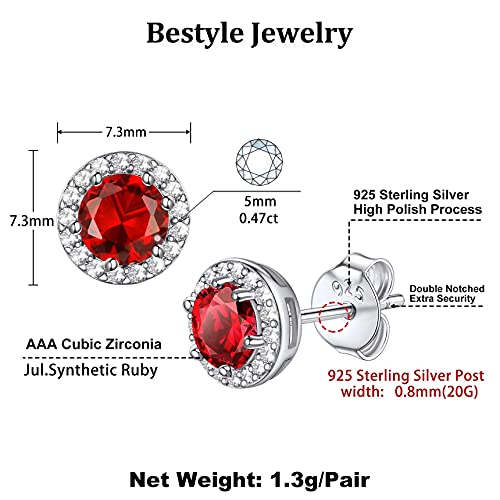 Bestyle Sparkling 925 Sterling Silver Birthstone Stud Earrings for Women, Heart/Round/Teardrop/Square Solitaire Diamond Studs Earrings, Great Birthday/Christmas Gifts - style: 07. Red Ruby-July-round