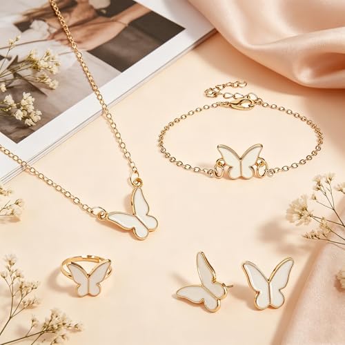 Butterfly Jewelry Set, Including Butterfly Necklace, Bracelet, Stud Earrings, and Adjustable Ring for Women - color: White