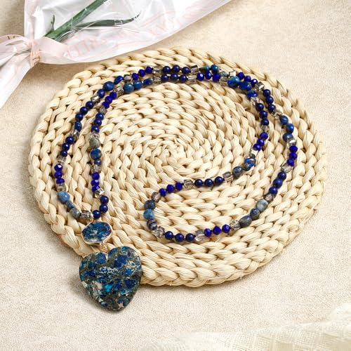 Yomisa Long Necklaces for Women Trendy, 33/34/35 inch | Boho Beaded Necklaces for Women, Natural Stone Pendant, Handmade Knotted Bead, Bohemian Holiday Summer Western Charm Jewelry - color: Love-Lapis Lazuli