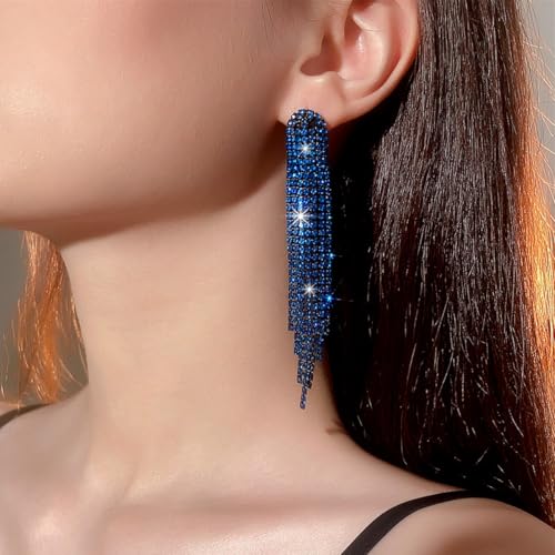 Rhinestone Earrings Dangling for Women Sparkly Silver Dangle Earrings Girls Long Chandelier Earrings Tassel Lightweight Ear Studs Cubic Zirconia (KE001S-W) - color: Dangle KE021BZ
