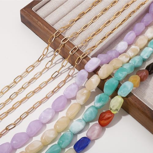 Summer Dopamine Colorful Beaded Necklace for Women, Boho Multicolor Irregular Large Resin Beads Necklace Chunky Layered Gold Chain Statement Choker Y2K Jewelry
