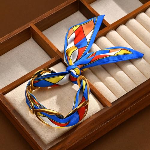 Women Trendy 2 in 1 Silk Scarf Wide Open Cuff Bangle Bracelet Set,18K Gold Plated Adjustable Scarf Cuff Bracelet, Stainless Steel Fashion Statement Wrist Cuff Wrap Jewelry Gifts - color: Royal Blue