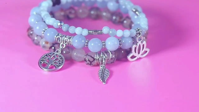 Tree of Life Yoga Healing Stone Bracelets,Multilayer Lotus Chakra Stone Reiki Bracelet Sets,Anxiety Crystal Natural Stone,for Women Stress Relief - style: Aquamarine + Morganite