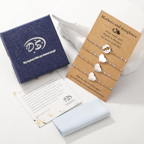 DS Mother Daughter Matching Bracelets,Adjustable Stainless Steel Gift Set | mother’s Day & Birthday Gift Box,Heart Charm,Mommy & Me Style,18K Gold Plated,Hypoallergenic,Daily Wear,Fits Women Teen Girls - color: Silver-7