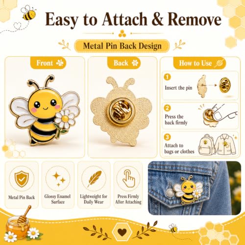 Giegxin 40 Pcs Bee Enamel Pins Bulk, 20 Styles 2 of Each, Cute Lapel Pin Set with Sunflower Gnome Honeycomb Designs for Backpacks Jackets Hats Bags, Party Favors Gifts for Women and Girls - style: Bee