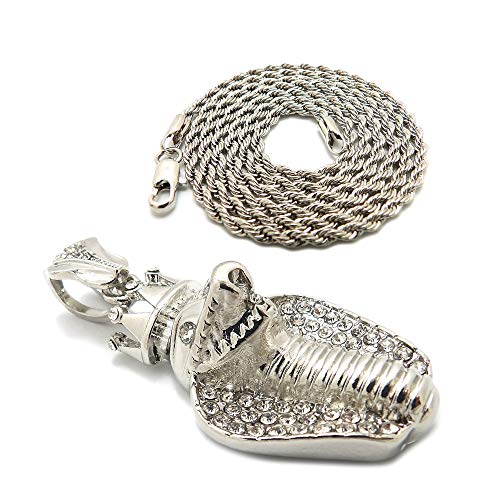 Fashion 21 Unisex Iced Out King Crowned Cobra Snake Pendant 24" Various Chain Necklace in Gold, Silver Tone - color: Silver / 2mm 24" Rope Chain