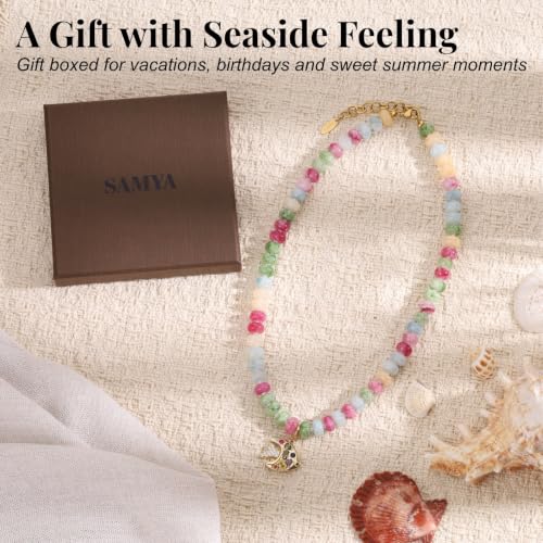 SAMYA Gemstone Beaded Necklace for Women | Ocean Charm Necklace with 8x4mm Natural Dyed Jade Beads, Adjustable 16"+2" Beach Necklace for Women - color: Mixed Color