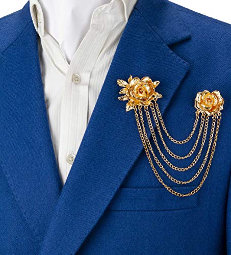 Knighthood Brooch Pin Elegant Gold Rose with Hanging Chains Formal Executive Lapel Pin Accessories for Men Women