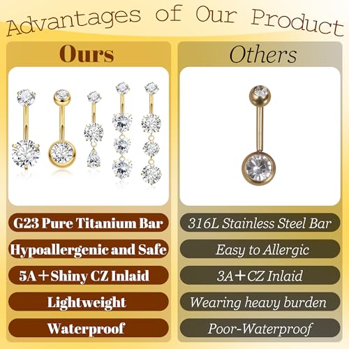 14G G23 Titanium Dangle Belly Button Rings for Women Gold Internally Threaded Belly Rings Dangling Teardrop Heart CZ Belly Button Piercing Hypoallergenic Navel Piercing Jewelry
