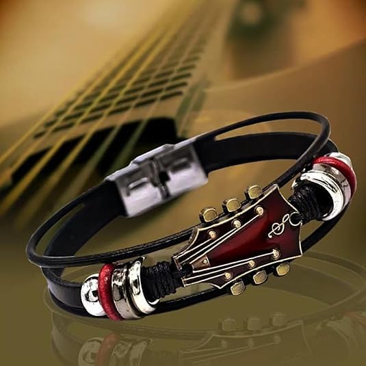 3 Set Retro Guitar Leather Bracelet For Man, Handmade Braided Zinc Alloy Rock Music Multi-Layer Wrap Bracelets Unique Punk Style Gifts Jewelry - color: Retro Red