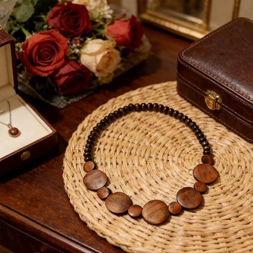 ONLYJUMP Colorful Ethnic Wooden Jewelry Set for Women Round Statement Dangle Earrings Multilayered Geometric Beaded Bracelet Necklace Exaggerated Tribal Style Jewelry - color: Brown