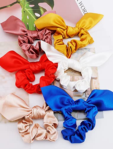 Jaciya Hair Scrunchies Silk Bow Scrunchies Cute Bunny Ear Hair Ties | 6 Pack Bow Hair Scrunchy Bands Elastic Satin Hair Ties with Bow Gentle Accessories for Sleep Work Everyday Hairstyling - color: Champaign/White/Yellow/Maroon/Red/Blue