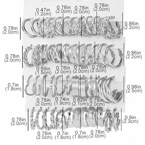 IFKM 24 Pairs Gold Hoop Earrings Set for Women Hypoallergenic Chunky Chain Twisted Open Hoops Dangle Earring Packs for Birthday Party Christmas Fashion Jewelry Gift - color: 24 Fashion silver