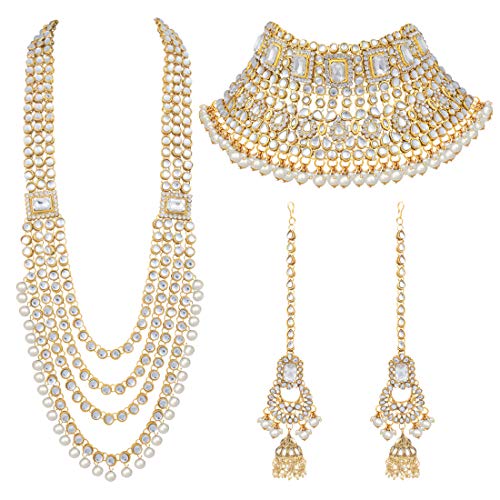 Aheli Traditional Wedding Indian Bharatanatyam jewellery set Long Choker Necklace Earrings Maang Tikka Nath Paasa Hath Phool for Women - color: White-1