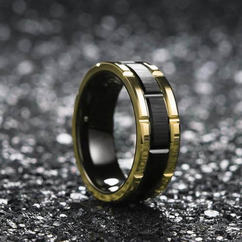(8mm) Unisex or Men's Tungsten Carbide Wedding Ring Band. Black and Yellow Gold Brick Pattern Comfort Fit Grooved Ring. - size: 9