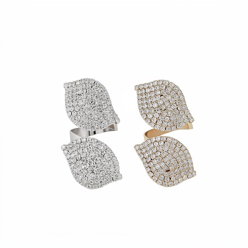 Rhinestone Finger Ring for Women Sparkly Crystal Butterfly Flower Leaf Adjustable Statement Chain Rings Punk Jewelry - color: Leaf G