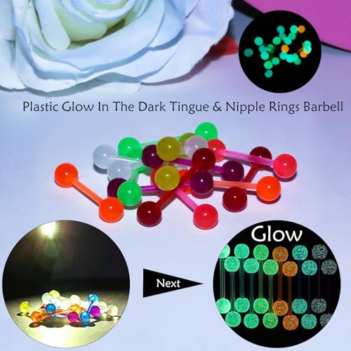 14G Plastic Tongue & Nipple Piercing Jewelry Tongue Rings Nipple rings For Women Men Glow Dark Barbell Silicone acrylic tongue ring for Women Men 7 Colors Each in a Pair 16mm
