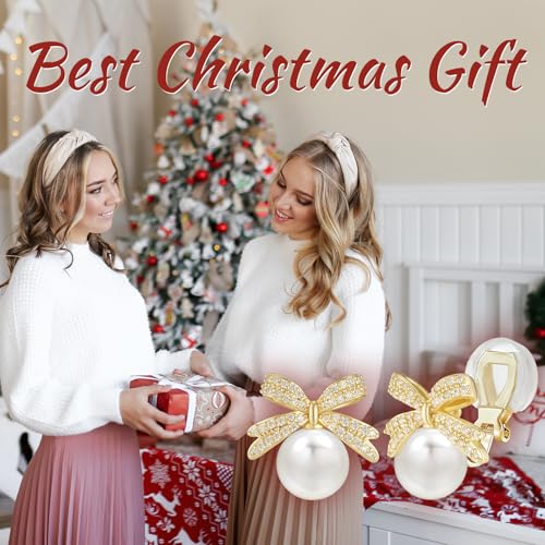 YOQUCOL Golden Bow Clip On Stub,Danle Drop Earrings for Women Simulated Pearl Christmas Xmas Bowknot Non Pierced Earrings - color: Stud Clip-03