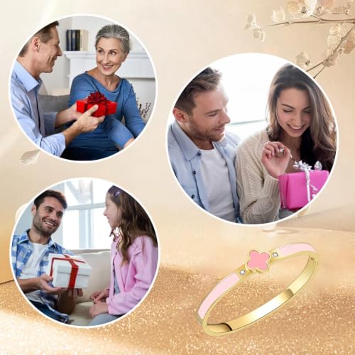 Clover Bracelets for Women Gold and Silver Chunky Oval Clover Bangle | 18k Gold Plated Stainless Steel,Precision Polished Non Tarnish,Black/White/Red/Pink/Orange Clover Bracelet Gifts for Women - color: Pink