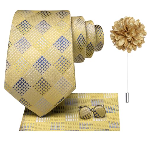 Hi-Tie Men's Silk Ties Formal Woven Classic Necktie Pocket Square Cufflinks Lapel Pin Set Wedding Business - color: A Yellow and Blue