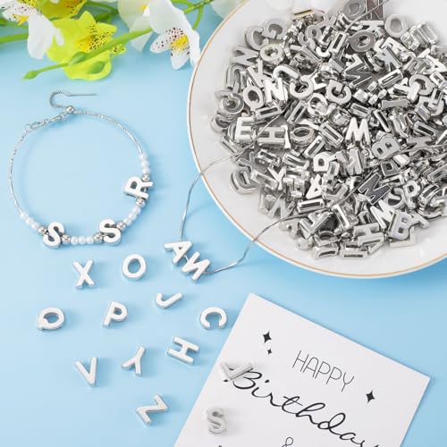 100 Pcs Silver Alphabet Letter Beads, Bulk Resin Pendants | 3D Loose Letter Beads, Plastic Initial Charms for Jewelry Making, Key Chains, Crafts - color: Silver