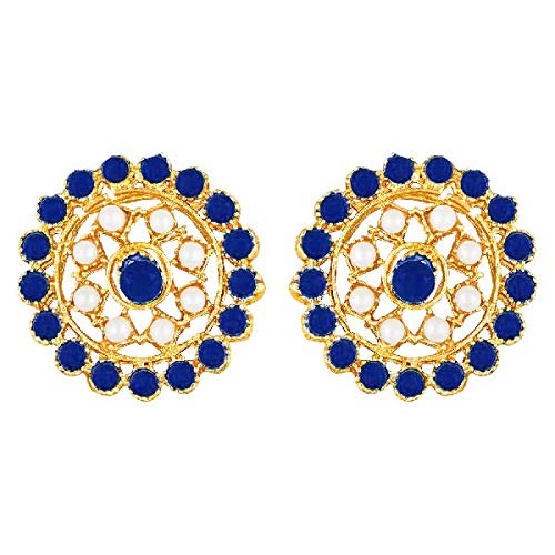 Aheli Pearl Diamond Choker Necklace & Round Earrings Gift for Women Indian Traditional Bollywood Fashion Bharatanatyam jewellery set - color: Blue & White