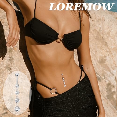 14G G23 Pure Titanium Dangle Belly Button Rings for Women Dangling Belly Ring Curved Barbell Internally Threaded Navel Rings CZ Navel Piercing Jewelry - color: Silver