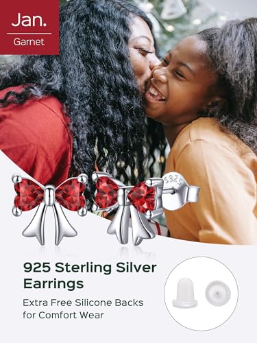 ChicSilver 925 Sterling Silver Bow/Butterfly Earrings for Women Hypoallergenic Birthstone Earrings Dainty Bow/Butterfly Jewelry Gift for Women - color: Bow-January-Garnet